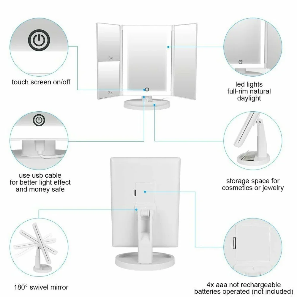 Tri-Fold Vanity Mirror with LED Lights, Touch Screen and 3X Magnification